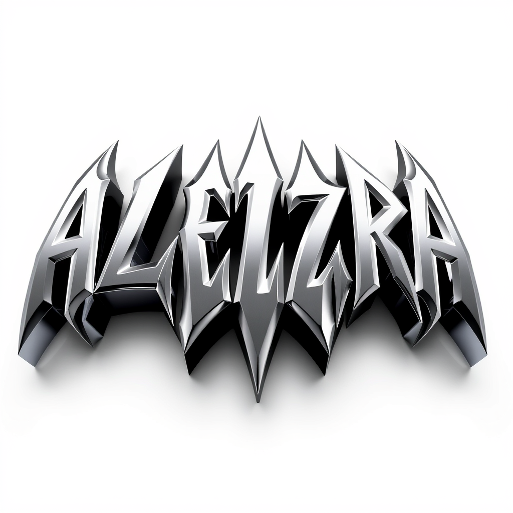 3D Logo idea: 3D logo for ALEZRA, sharp gothic blackletter typography, extremely spiky pointed letters, realistic 3D chrome metal, polished silver, dark reflective 