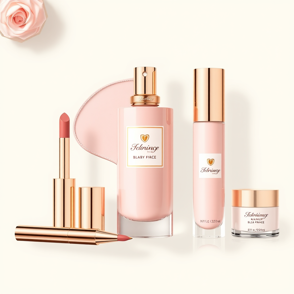 Main logo studio: uxury feminine beauty brand for makeup, skincare, perfumes and accessories. Elegant,glamorous, sophisticated and distinctive, soft blush pink and cham