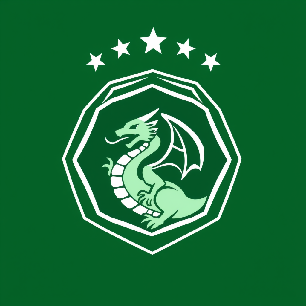 Main logo studio: Logo football avec dragon au centre d'un écusson exagonal et en haut alignés 4 étoiles de coupe du monde et tout ça en doré et blanc pas vert