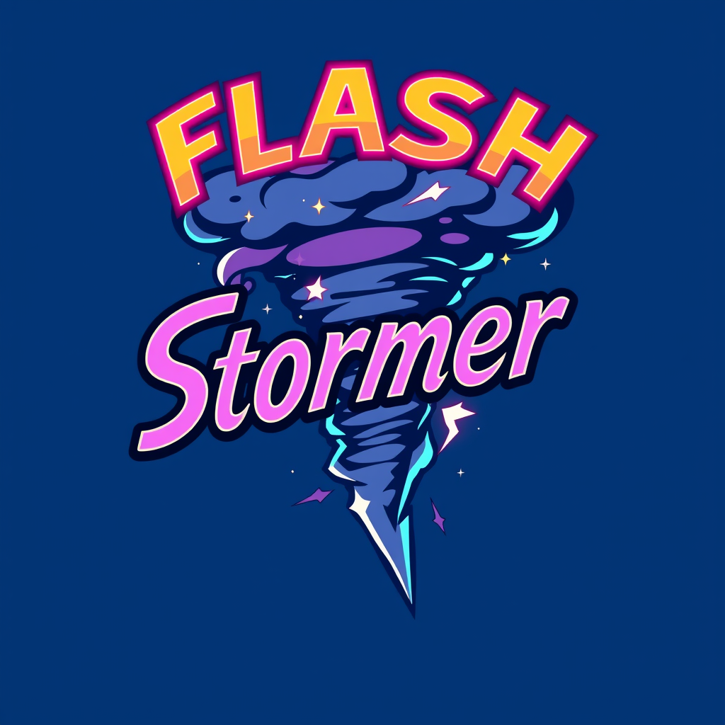 Main logo studio: flash stormer simples logo mit flASH stormer aufschrift drei farbig lila neongelb marinblau tornado mit blitzen