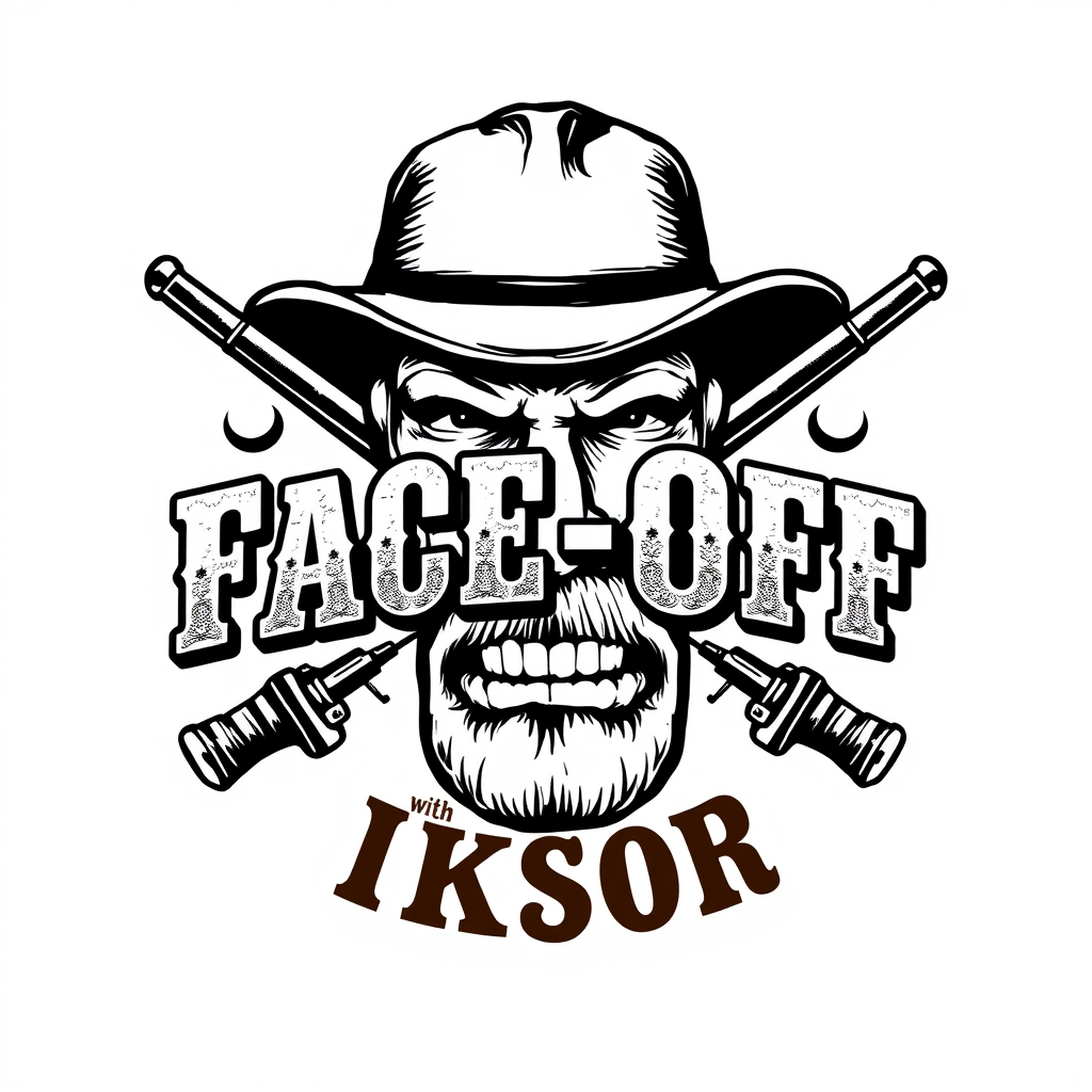 Vintage Logo idea: vintage retro logo for "Face Off with Iksor" With hollywood western style. For a vintage comic book , classic retro design, aged typography, hand-draw