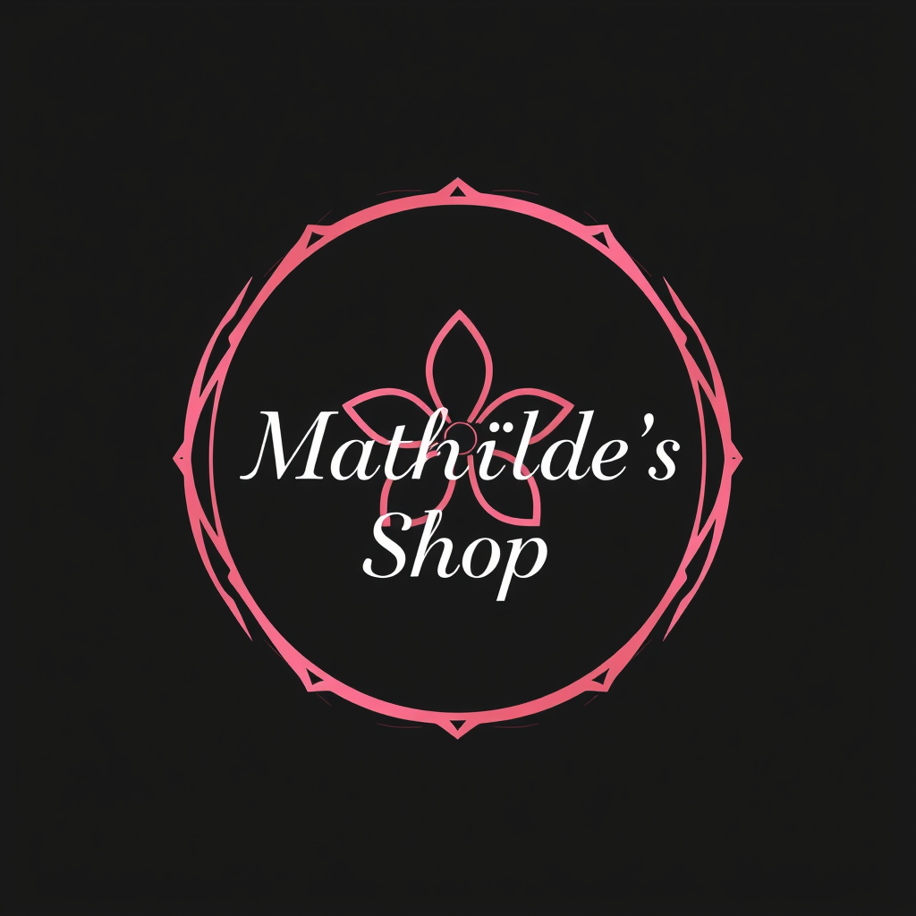 Main logo studio: Elegant jewelry shop logo, one-line flower inside a circle, pink, black and gold, cute and luxurious. Text: “Mathilde’s Shop”
