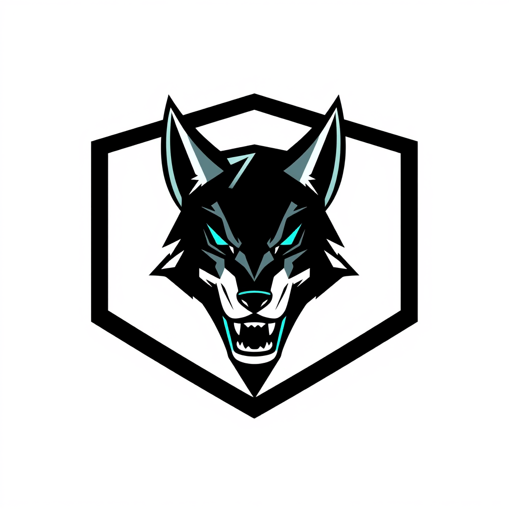 Abstract Logo idea: abstract logo mark for bold esports team emblem logo, a roaring wolf head, black and neon teal , geometric abstract shape, modern minimalist mark, cle