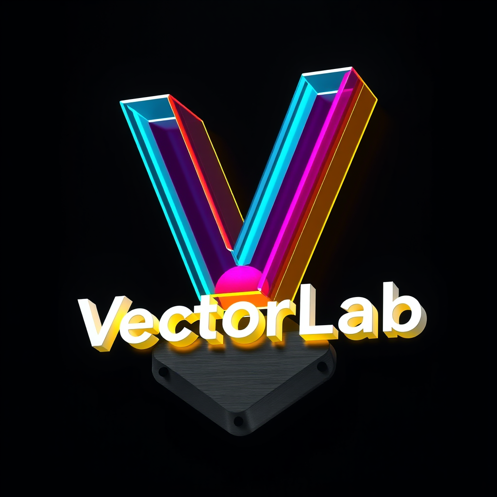 Main logo studio: A high-tech vector logo for a 3D sign manufacturing company named "VectorLab". The icon features a volumetric 3D letter "V" created from precise layer