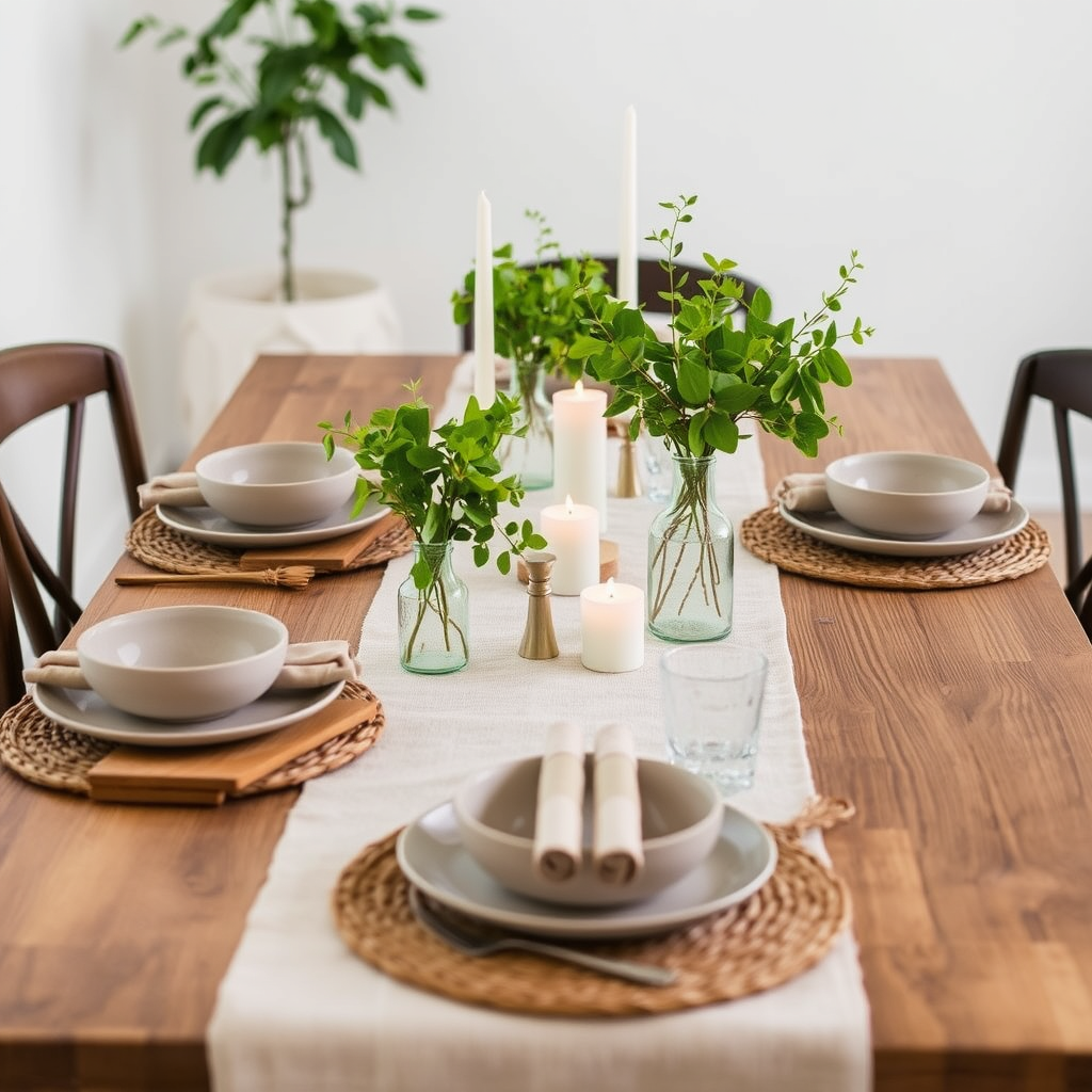 Main logo studio: A little greenery can transform your dining space into a refreshing sanctuary. Style the table with a natural linen runner, earthy-toned dinnerware, w