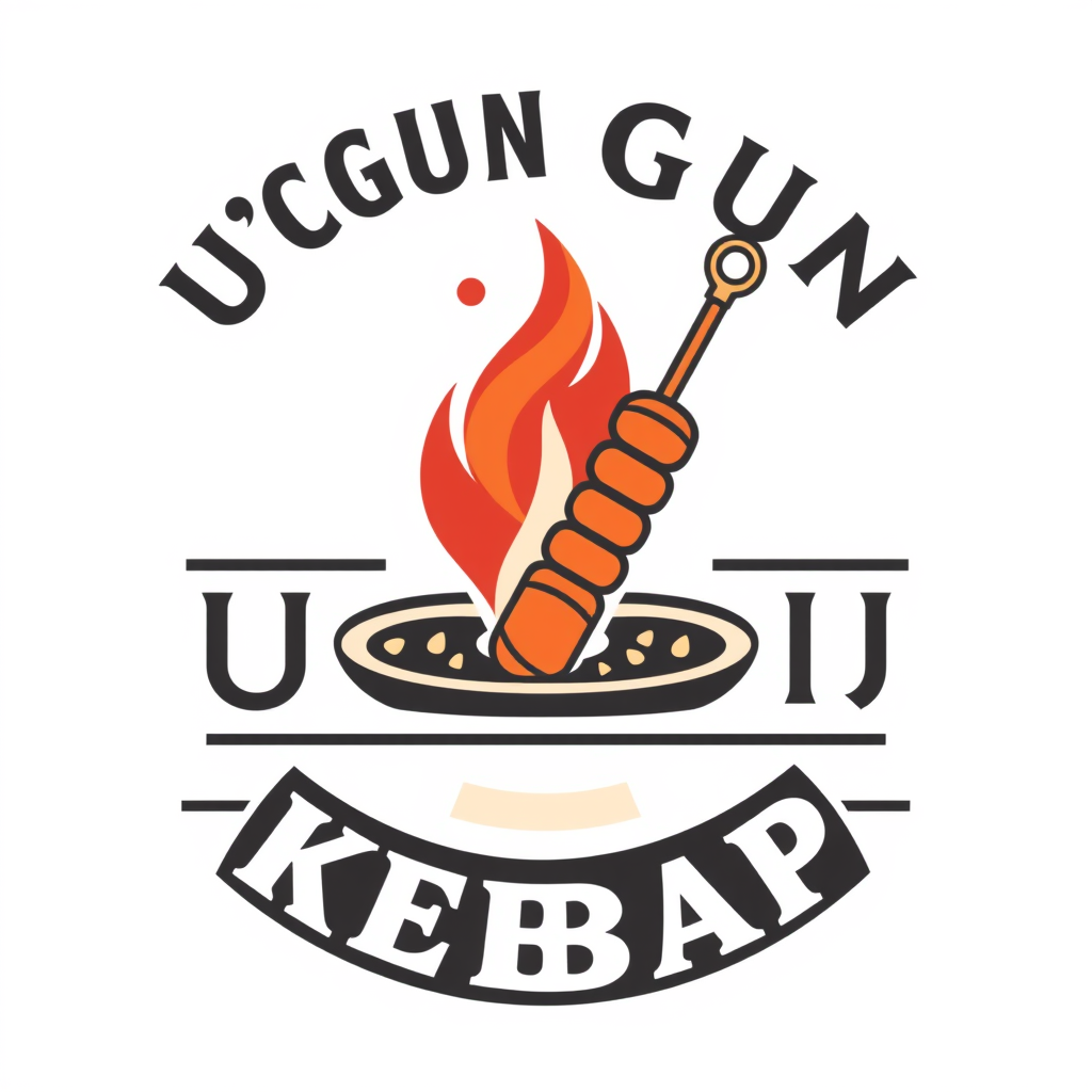 Main logo studio: Vintage Turkish kebab restaurant emblem logo for U"C"GUN KEBAP. Traditional charcoal grill flame and kebab skewer symbol, old Turkish grill house aest