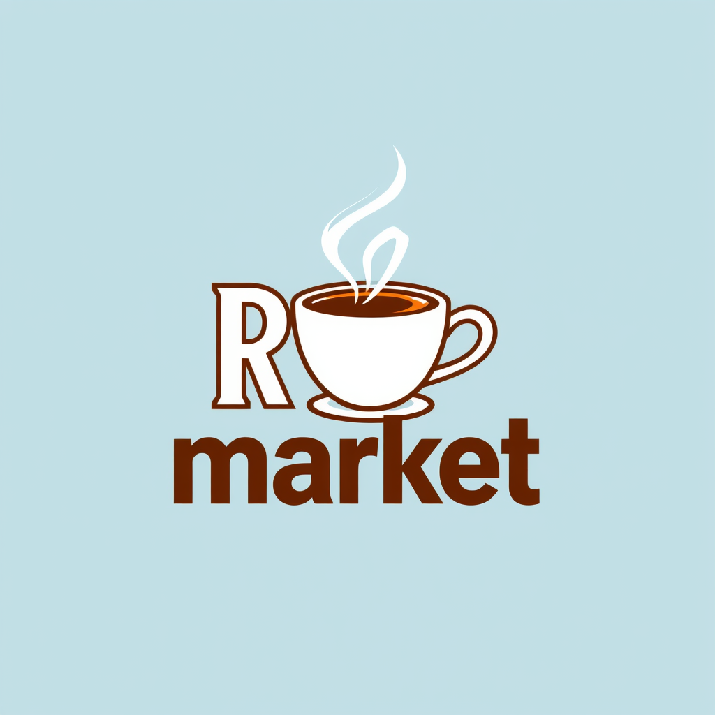 Main logo studio: Make a logo for "RIO" market. include both "rio" and "market". and include a cup of coffee with steam. Must use lightblue background. everything else