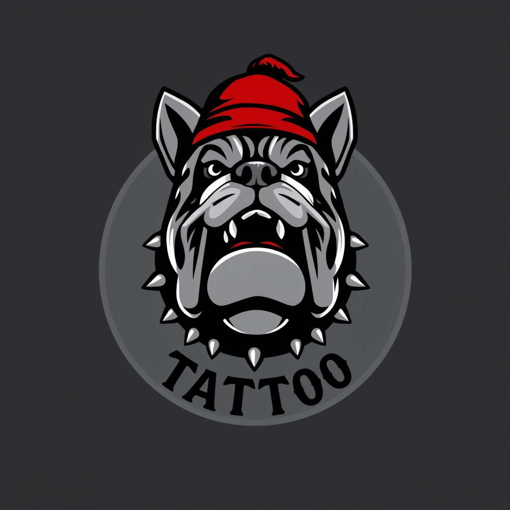 Main logo studio: a tatto brand with a bulldog with a red hat for a mascot centered around dark,grey and white colors
