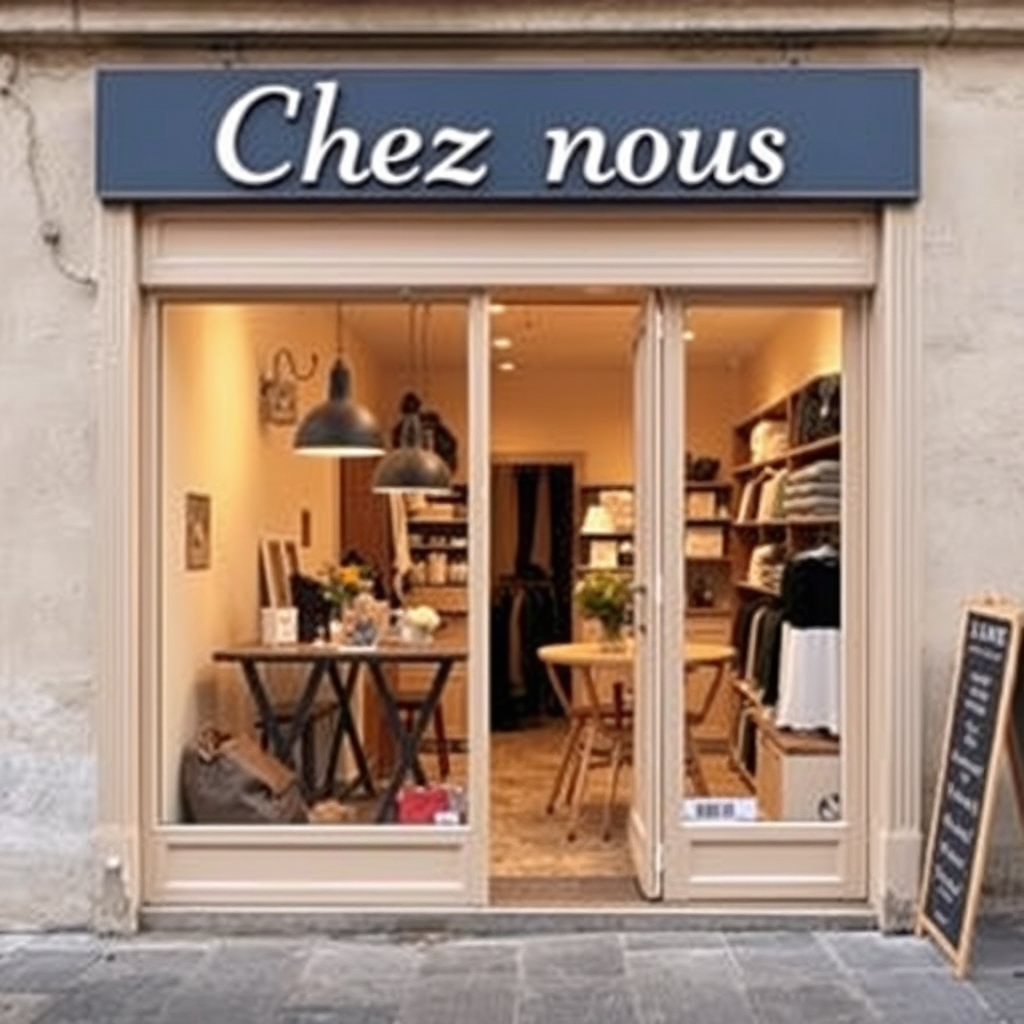 Main logo studio: Le nom de la marque: "Chez nous" Couleurs: bleus, marron, noires, beiges Thème: vente