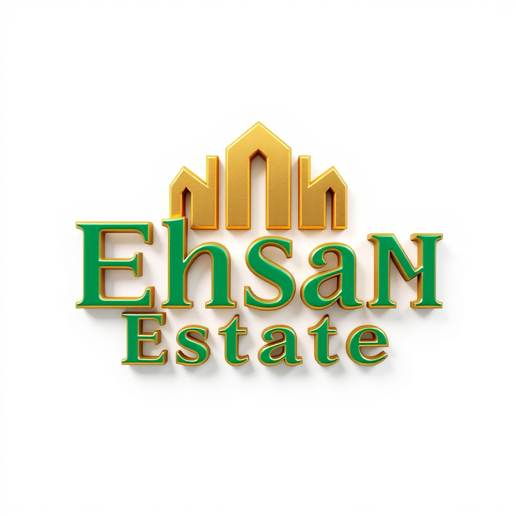 3D Logo idea: 3D logo for campany name is Ehsan Estate, a Property developer, create a logo color champagne gold combine with Ehsan Estate wording in emarald green 