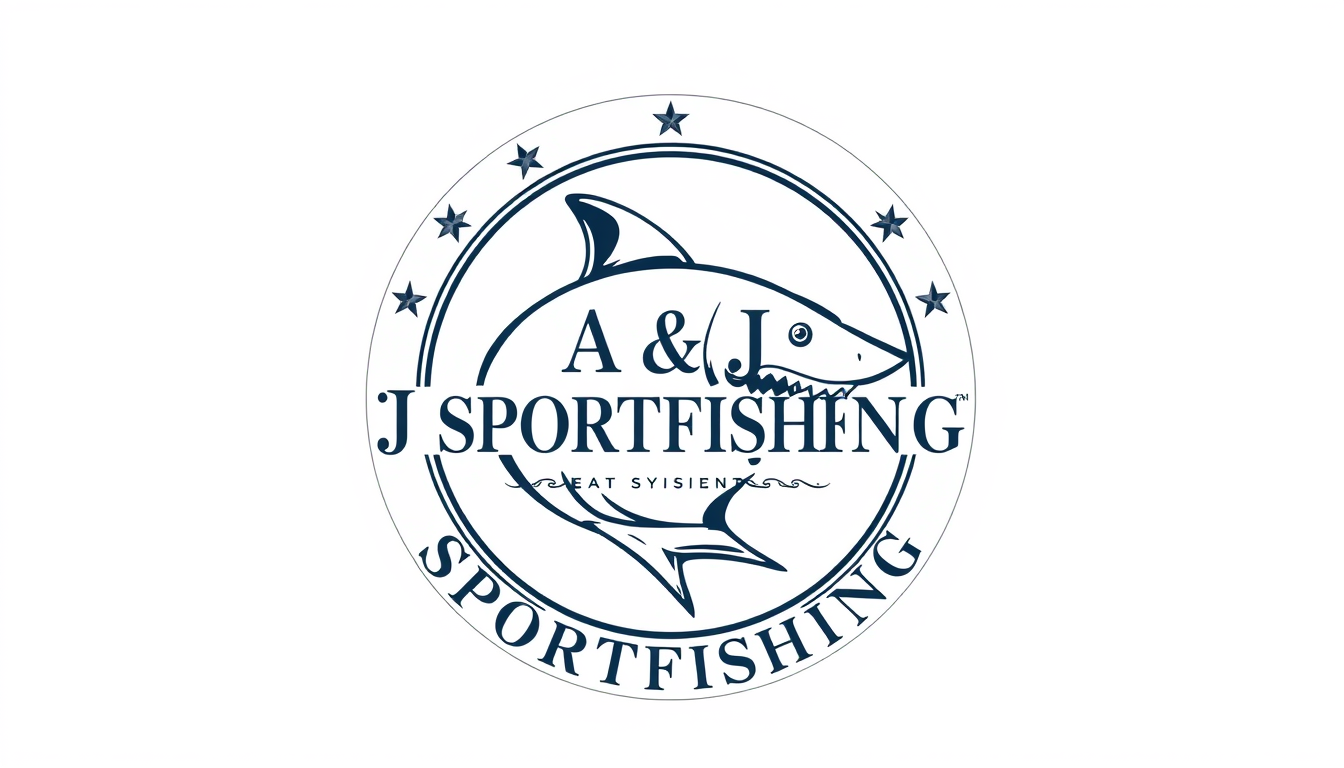 Emblem Logo idea: emblem logo of Make the shark look like it is eating the words. Exact text: A & J SPORTFISHING. , intricate crest seal badge design, symmetrical emble