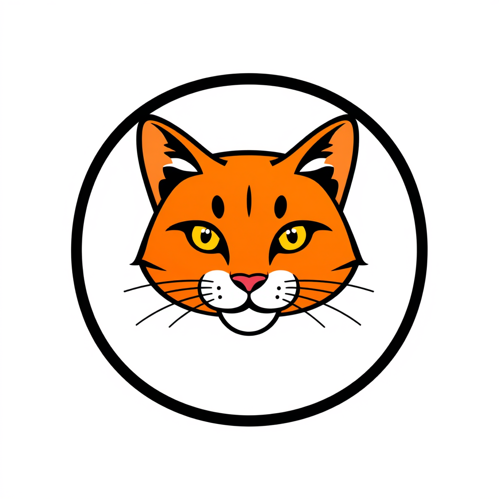 Badge Logo idea: badge logo for un logo de un gato naranja lindo , bold badge design, text enclosed in a rounded rectangular or circular badge shape, thick border, cle
