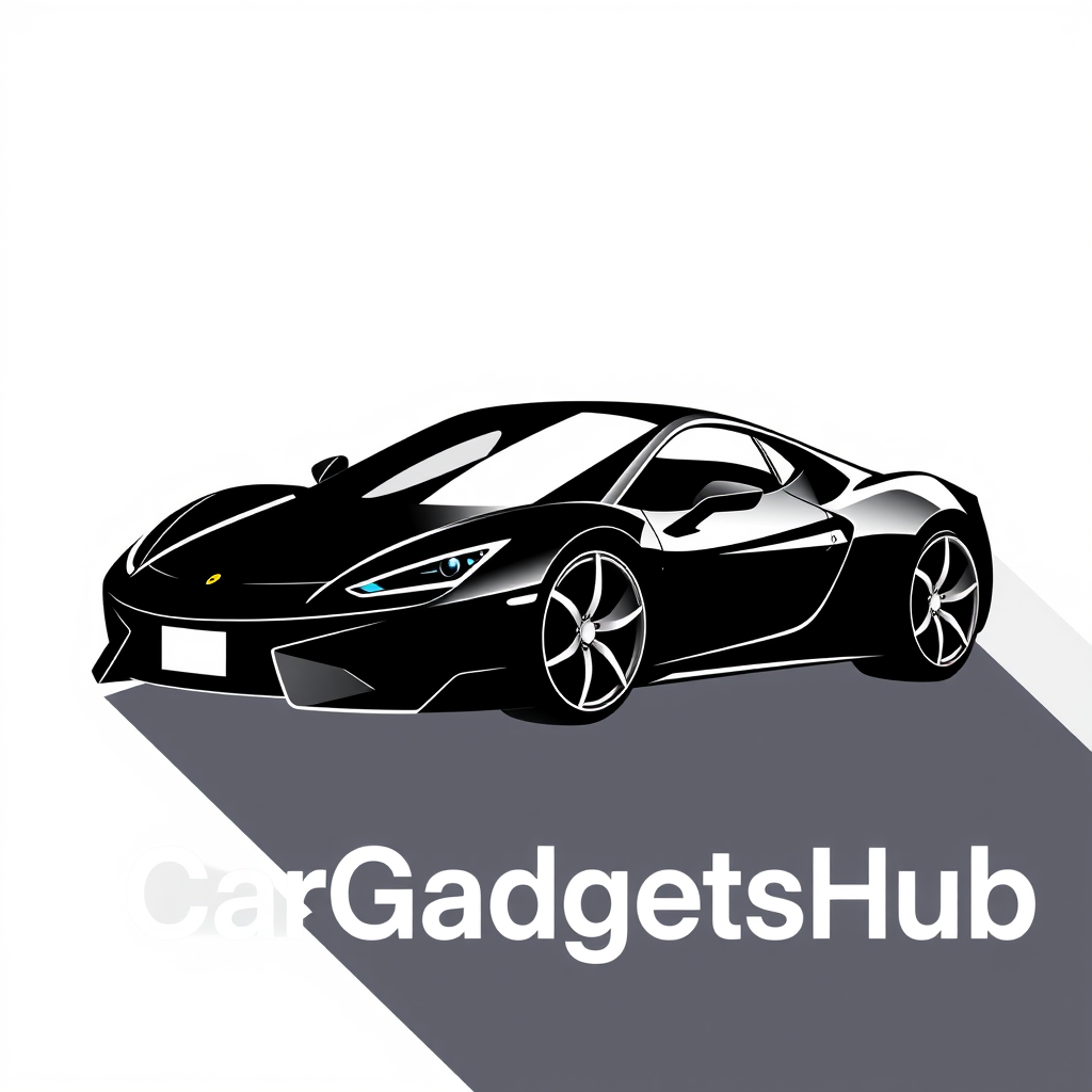 Main logo studio: Premium modern logo for "CarGadgetsHub", sleek black sports car silhouette combined with subtle technology elements, black and white design with a sma