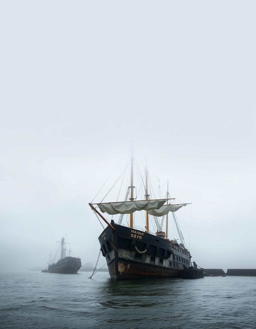 Historical fiction cover art of a weathered ship entering a fog-bound harbor