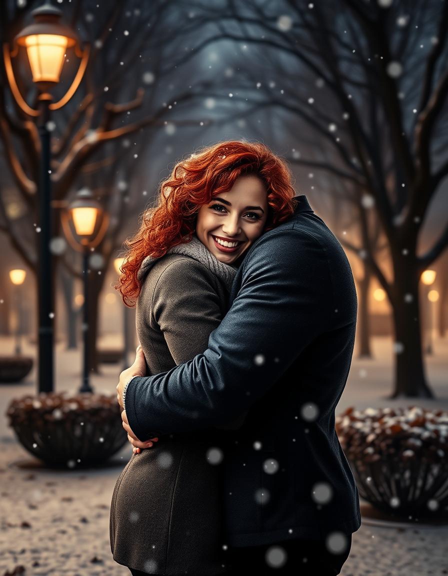 Winter romance cover art with a red-haired woman embracing a partner in falling snow