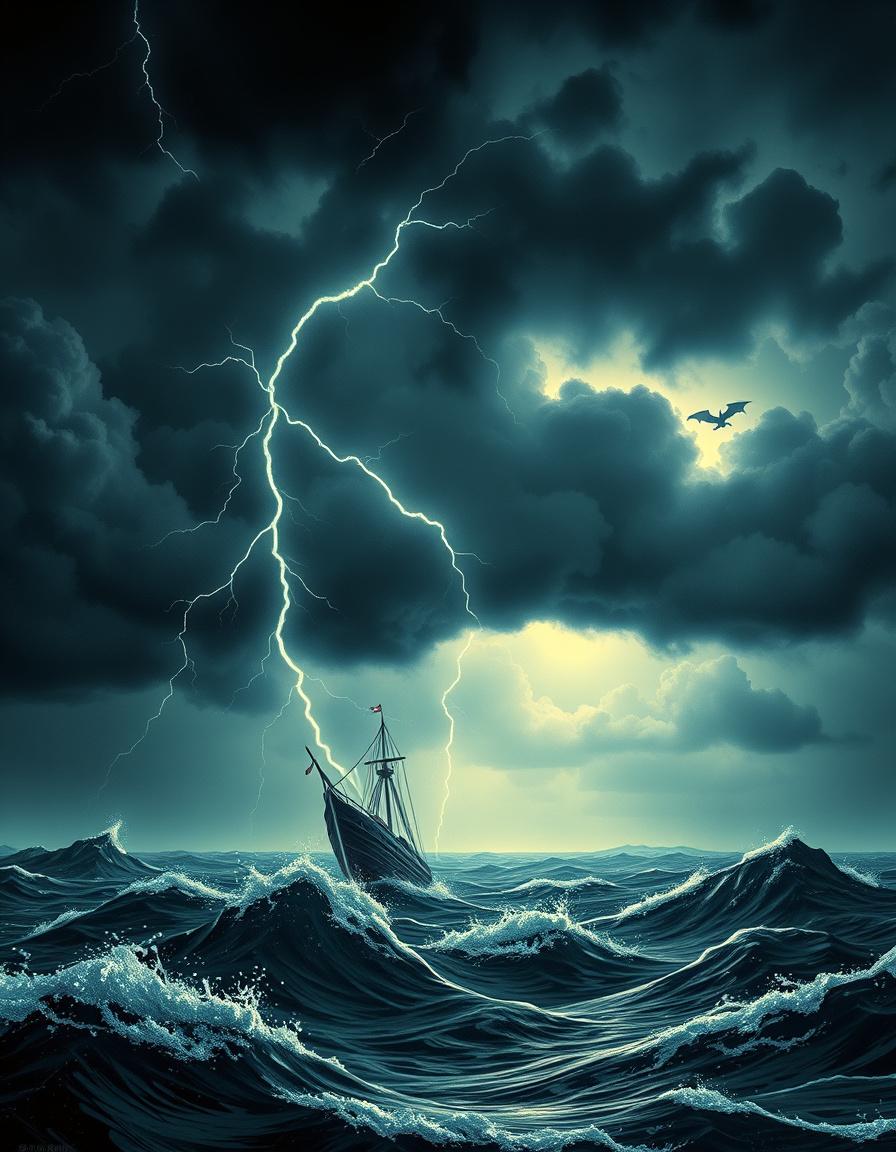 Fantasy cover art with a ship in a lightning storm and distant flying dragon