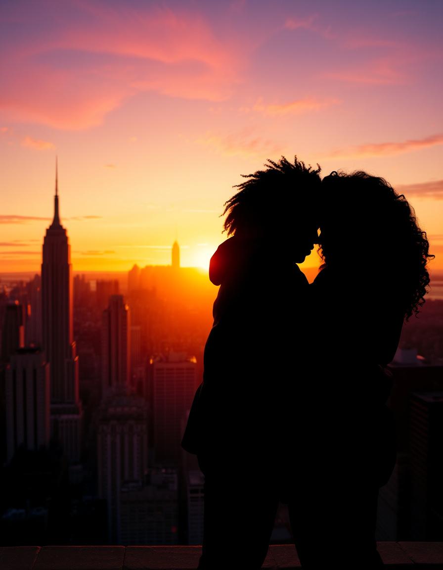 Romance cover art with a couple silhouetted against a New York sunset