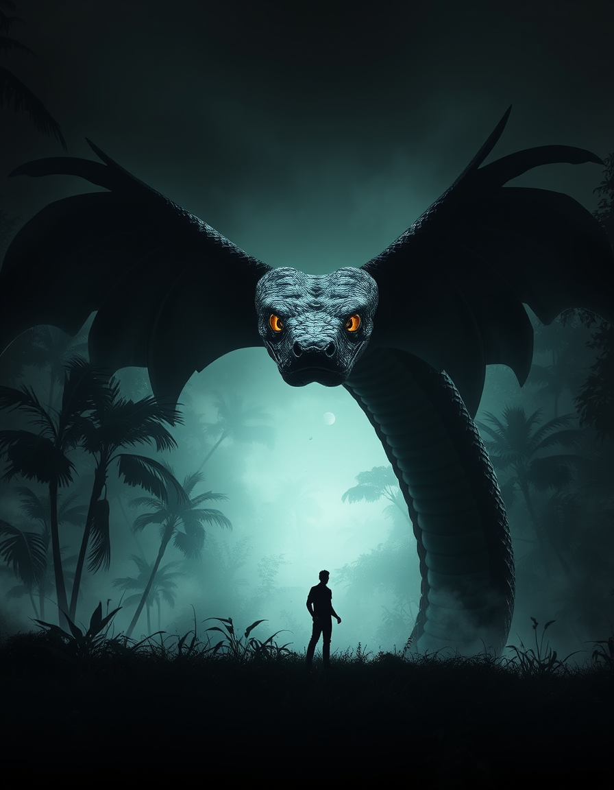 Dark fantasy cover art with a giant winged serpent and tiny human silhouette