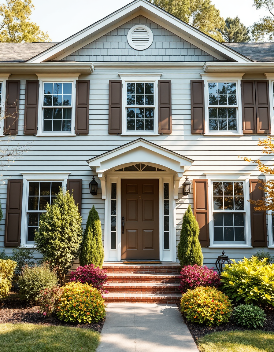 Exterior Paint idea: home exterior paint visualization, preserve architecture and landscaping, recolor siding trim and front door, urbane bronze shutters and front door an