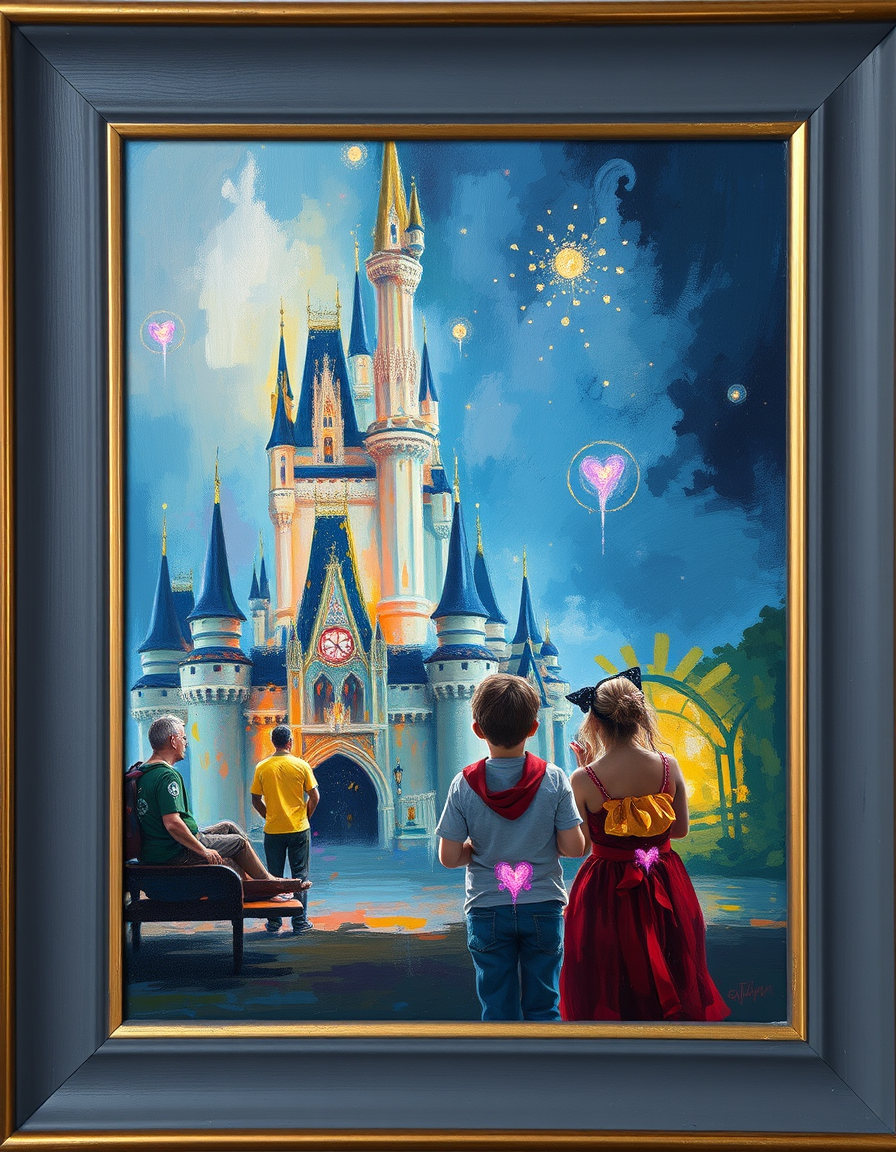 Turn Photo Into Paintings idea: painting from the photo, expressive brushwork, painterly rendering, dos personas en magic kingdom viendo los fuegos artificiales , framed fine-art pai