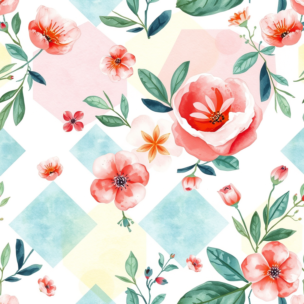 Watercolor idea: watercolor painting, soft transparent washes, wet-on-wet bleeds, paper texture visible, Watercolor floral geometric pattern, delicate flowers and leav