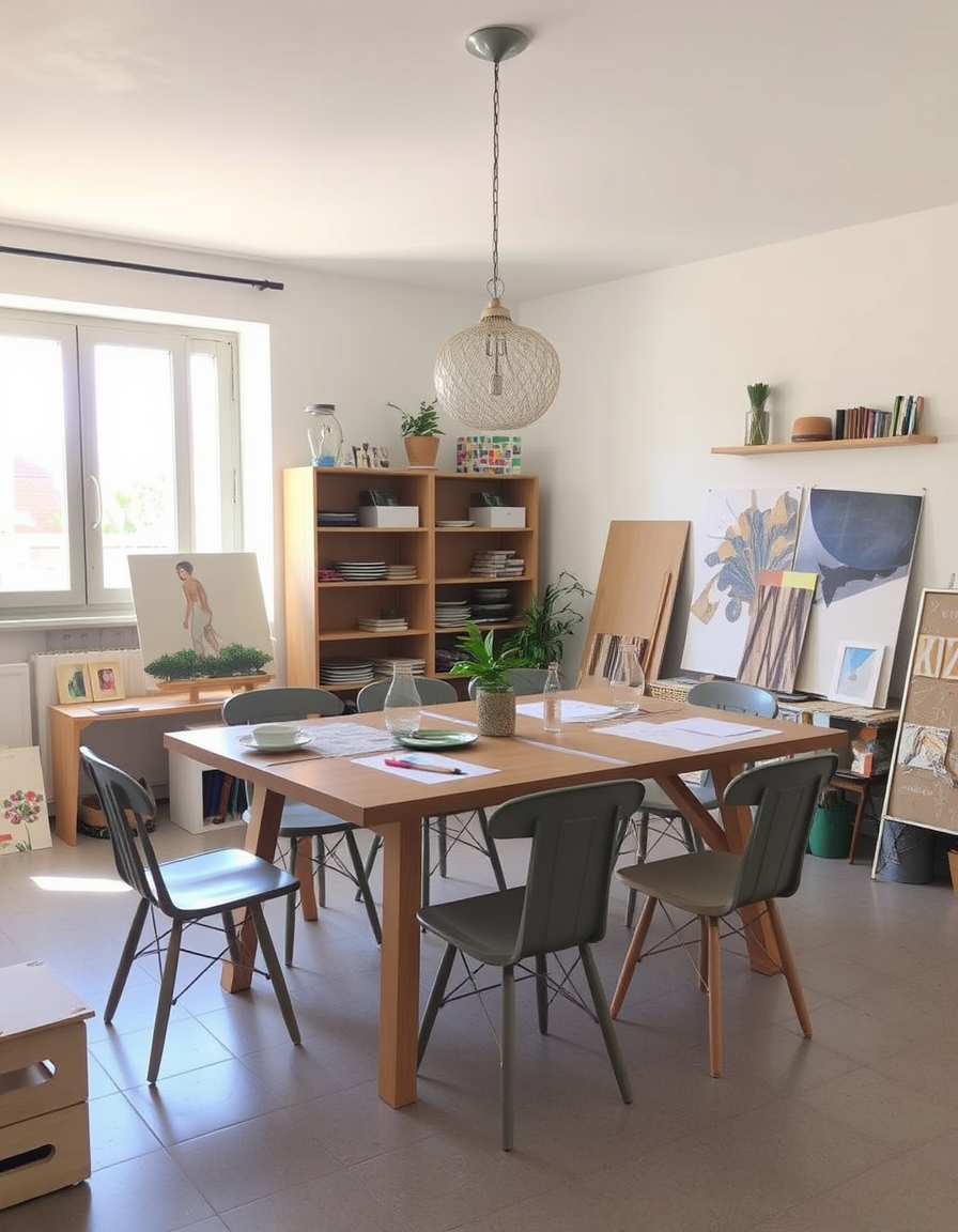 Main painting studio: Sala d'artteràpia de 18 m², càlida i acollidora, sostre llis sense bigues, fusta clara i colors suaus. Taula gran plegable, 6–8 cadires i armaris tanc
