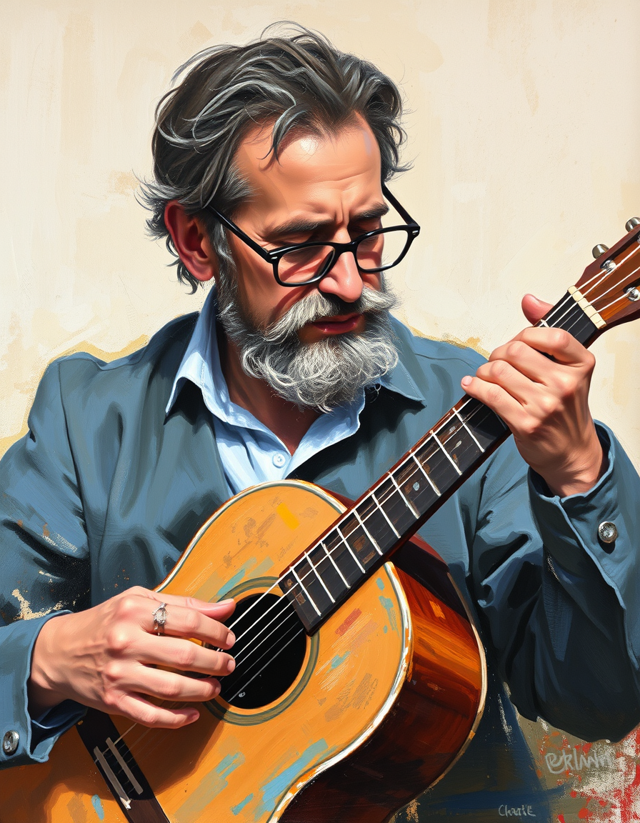 Turn Photo Into Paintings idea: painting from the photo, expressive brushwork, painterly rendering, ritratto di francesco guccini che suona la chitarra , framed fine-art painting