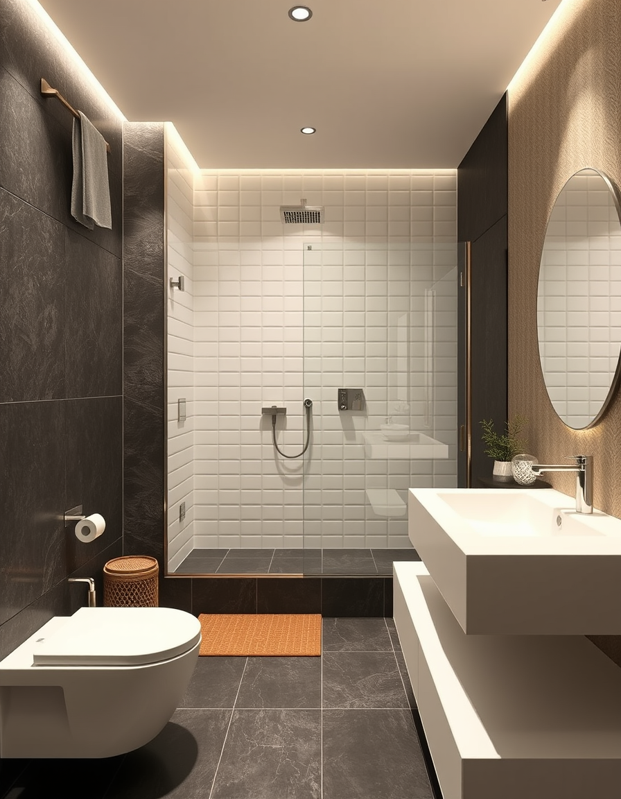 Interior Design idea: AI interior design, cohesive furniture layout decor and lighting, photorealistic interior render, Douche italienne carrelage gris anthracite au sol et