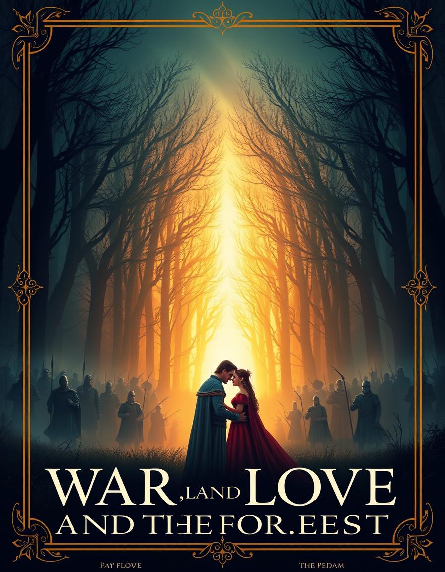 AI Painting prompt example created from the prompt: War, Love, and the Forest” Prompt: Create a medieval fantasy book cover showing a glowing forest in the center, with two kingdoms on each si