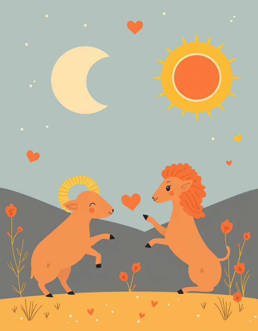 Greeting Cards idea: greeting card design, warm illustration, space for message, Make a cute greeting card about a taurus and a leo , printable greeting card