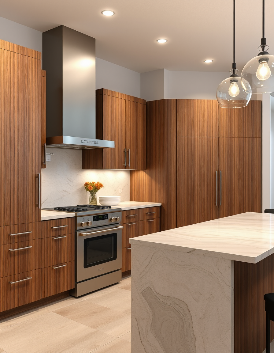 Kitchen Design idea: AI kitchen design, modern cabinetry countertops and lighting, photorealistic interior render, luxor harvest cabinets, med brown subtle grain lifeproof