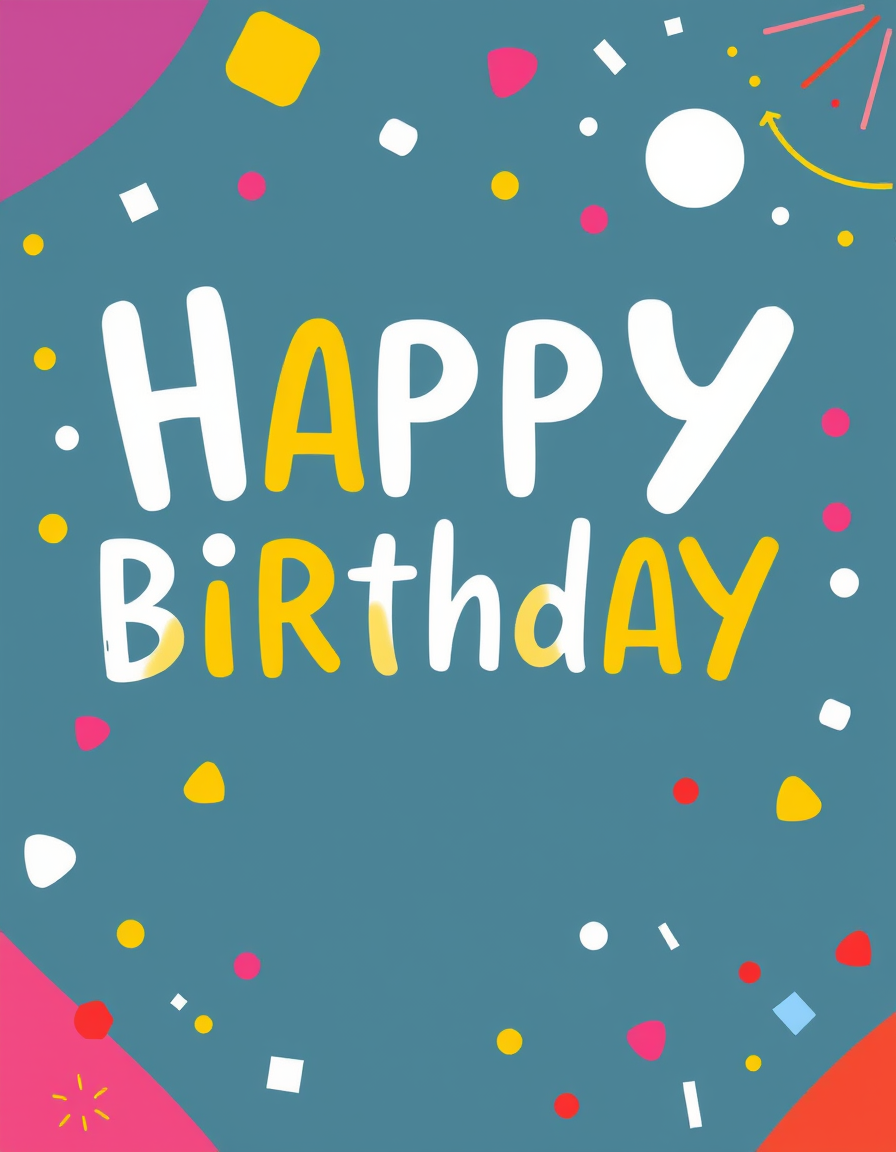 Birthday Cards idea: birthday card design, cheerful festive artwork, space for greeting, bold geometric shapes in rainbow colors, modern minimalist , printable birthday ca