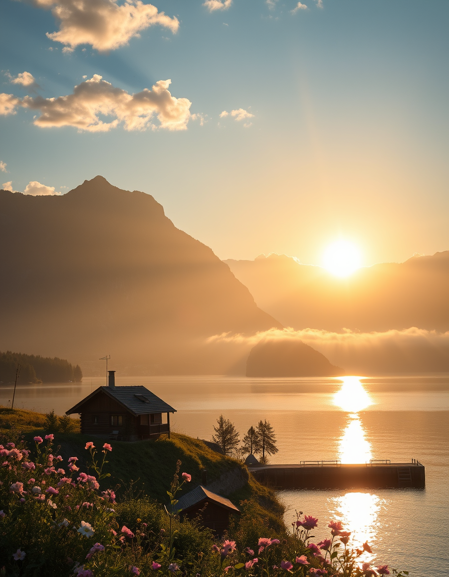 Main painting studio: Ein atemberaubendes, fotorealistisches Bild bei Sonnenuntergang: Eine wunderschöne Landschaft mit hohen Bergen, einem kristallklaren See und einem kle