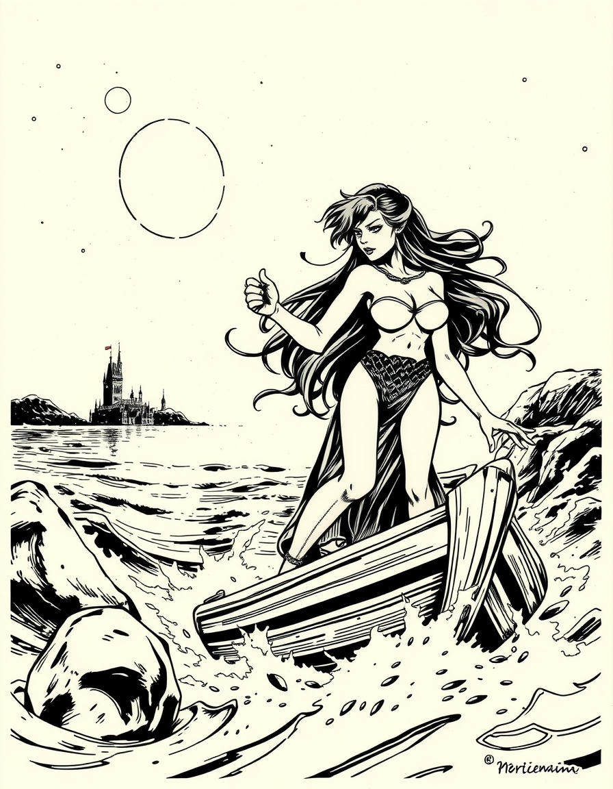 Comic Art idea: comic art, bold ink lines, halftone shading, dynamic composition, Una donna che naviga nell'oro , graphic novel illustration, comic panel ready