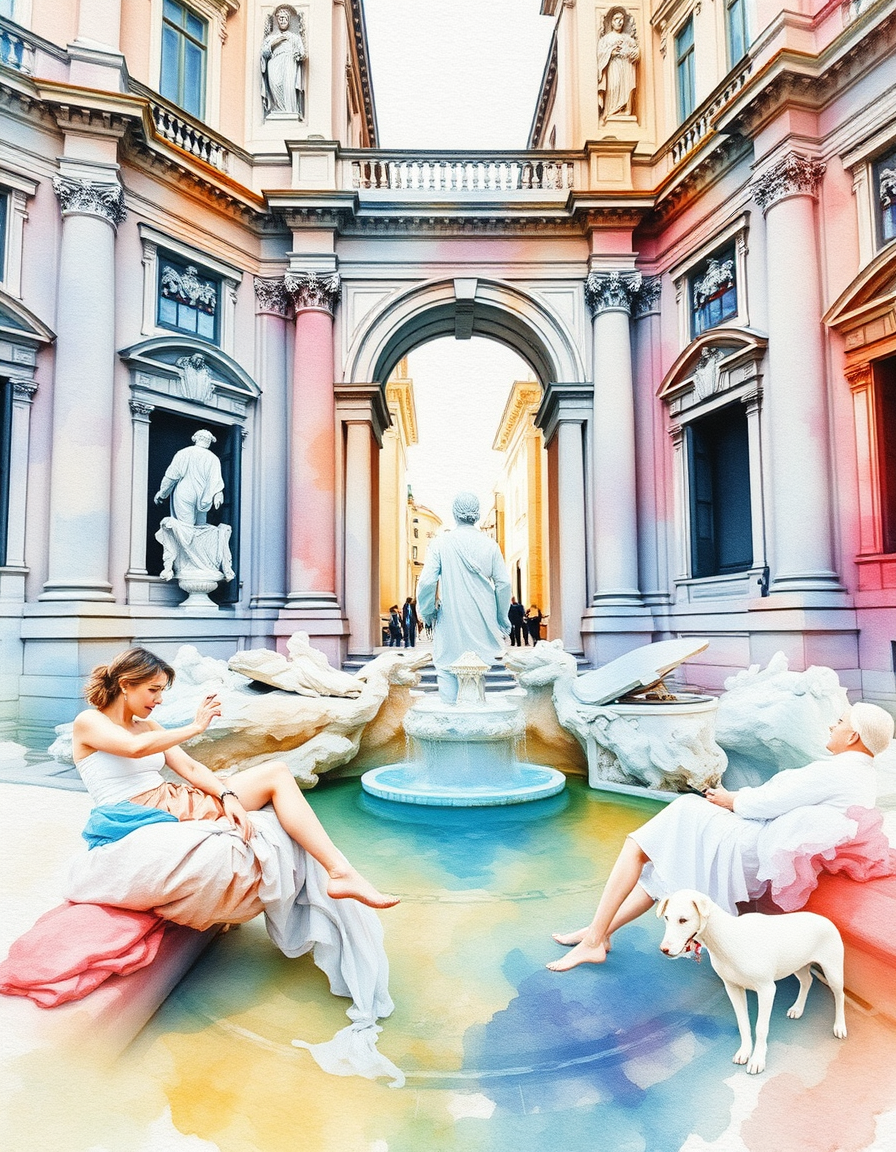 Picture Into Watercolor idea: turn picture into watercolor, transparent washes, paper texture, soft pigment edges, trevi fountain in watercolor , delicate watercolor painting, lumi