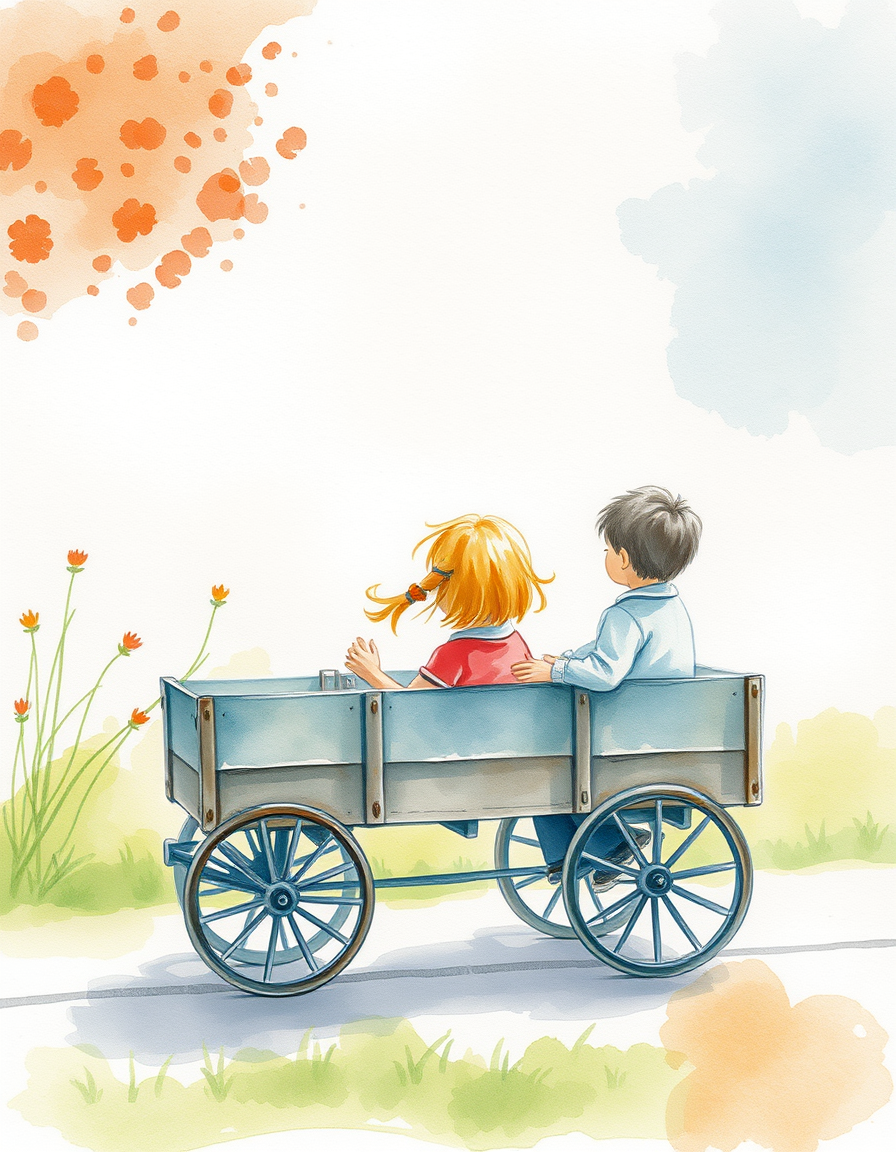 Picture Into Watercolor idea: turn picture into watercolor, transparent washes, paper texture, soft pigment edges, Kinder, die in einem Bollerwagen fahren , delicate watercolor pai