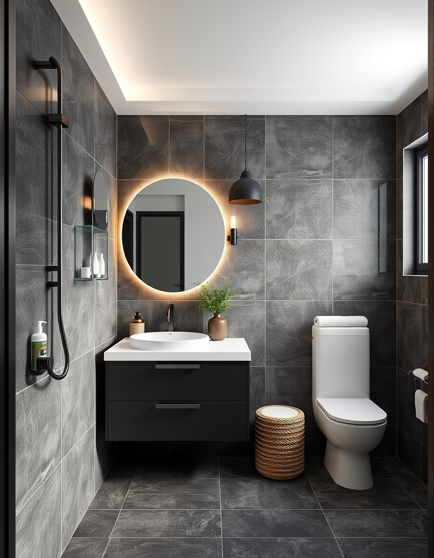Bathroom Design idea: AI bathroom design, tiled surfaces vanity and fixtures, photorealistic interior render, łazienka 5,18 m w ziemistych kolorach, beż czarny i kremowy , 