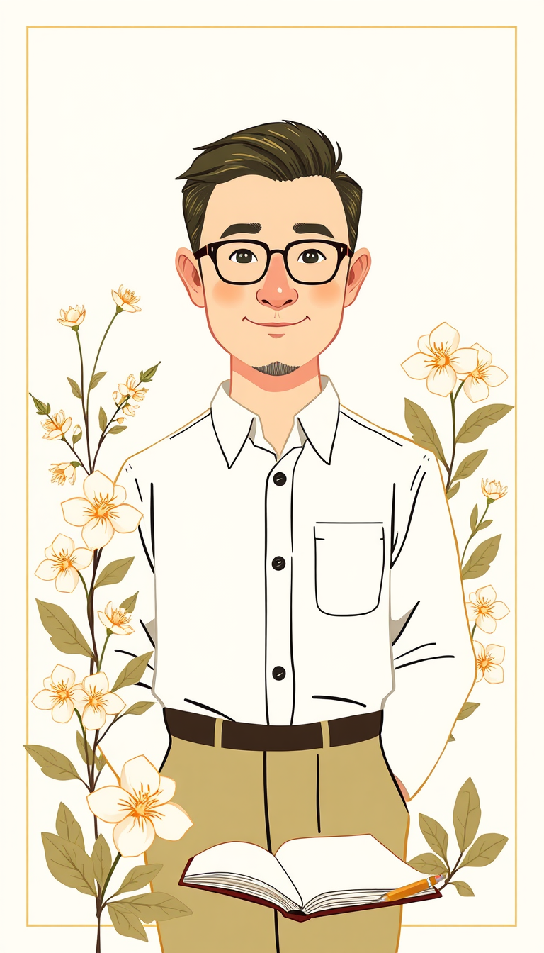 Greeting Cards idea: greeting card design, warm illustration, space for message, Luxury gift card, ivory, beige, olive, gold. Tall man, full rectangular face, Japanese eye