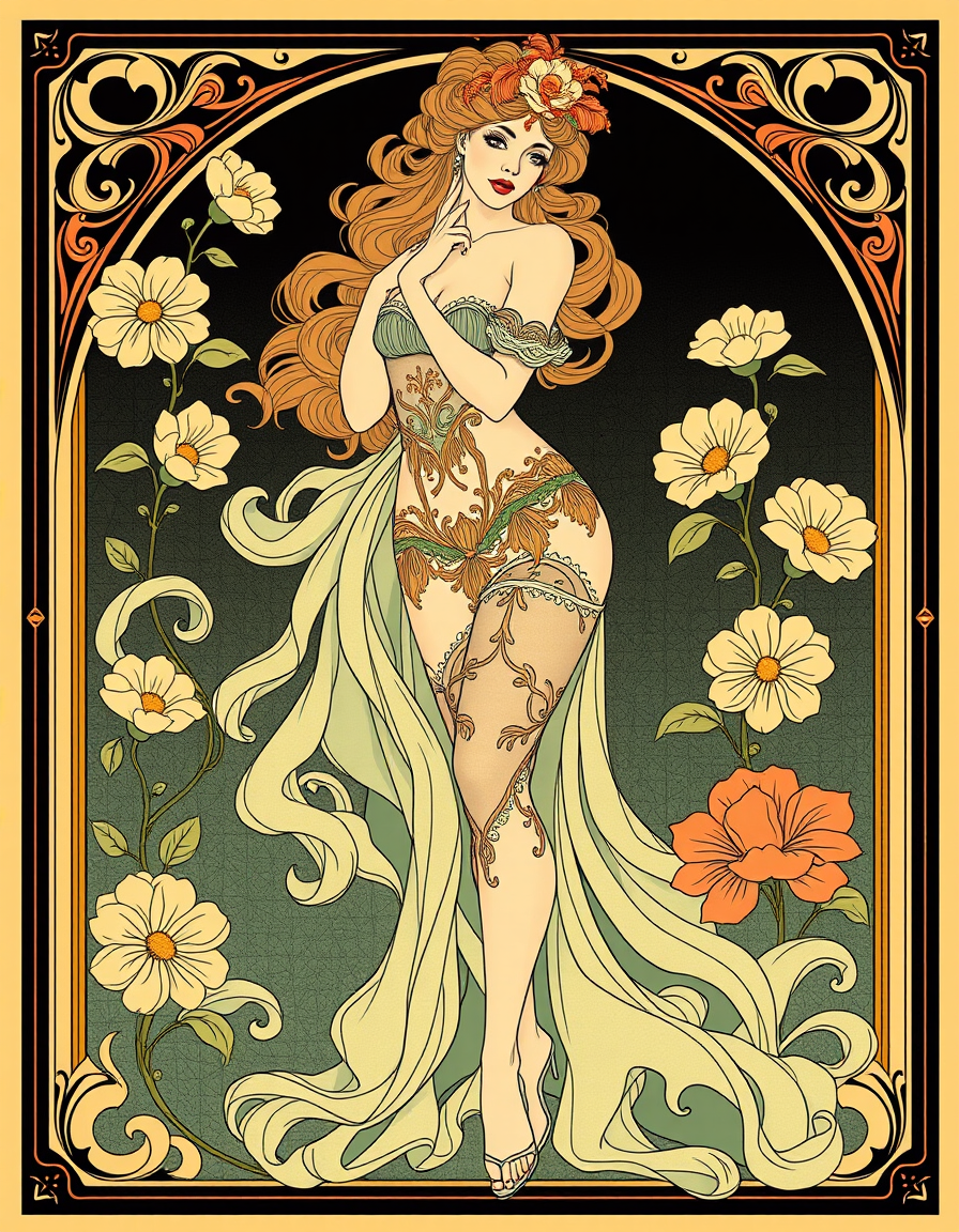 Art Nouveau idea created from the prompt: art nouveau illustration, flowing organic lines, decorative panel borders, ornamental floral motifs, Nylon stocking diva , inspired by Alpho