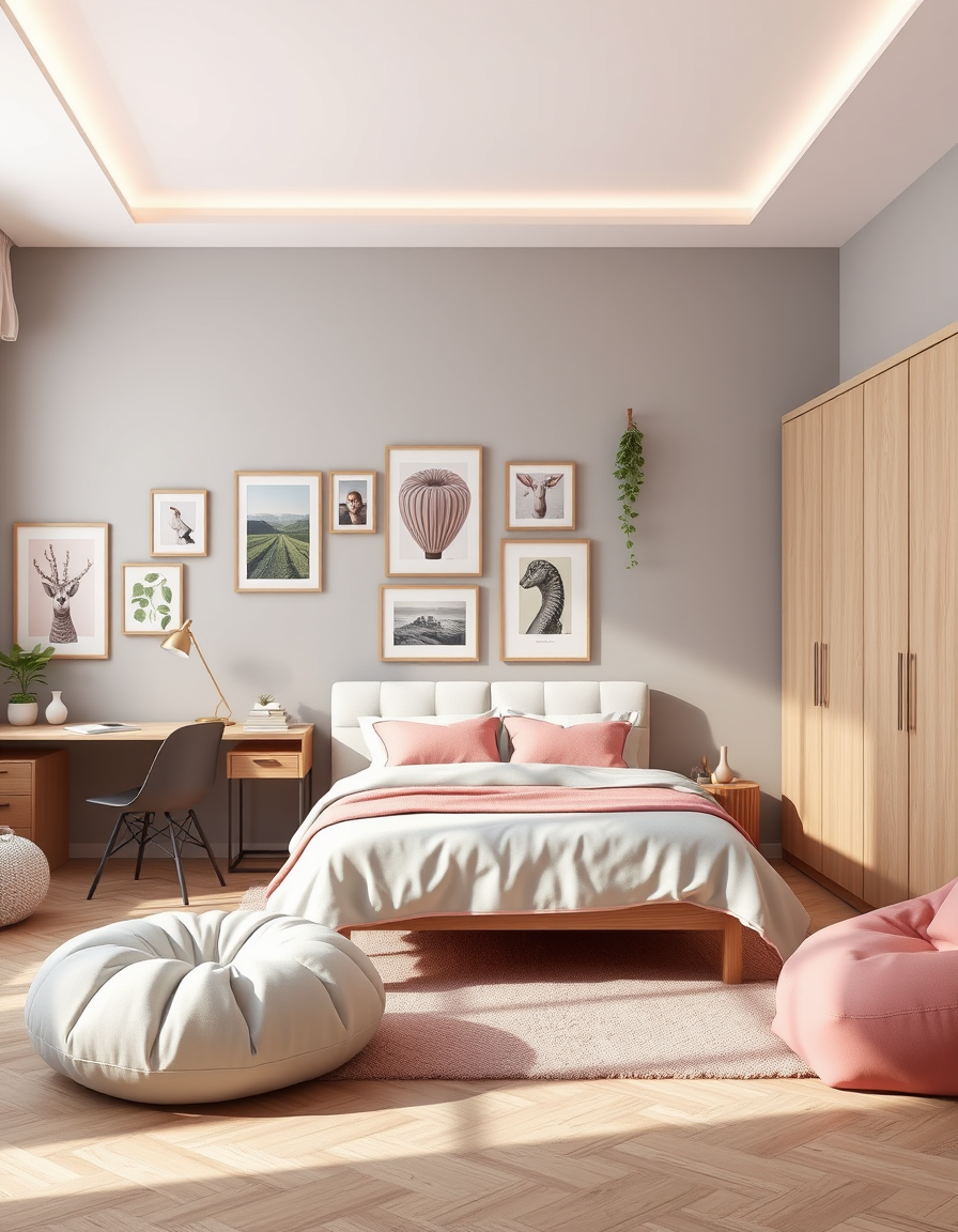 Room Design idea: AI room design, full room layout furniture and lighting, photorealistic interior render, A bedroom with grey walls a light brown wardrobe a queen size