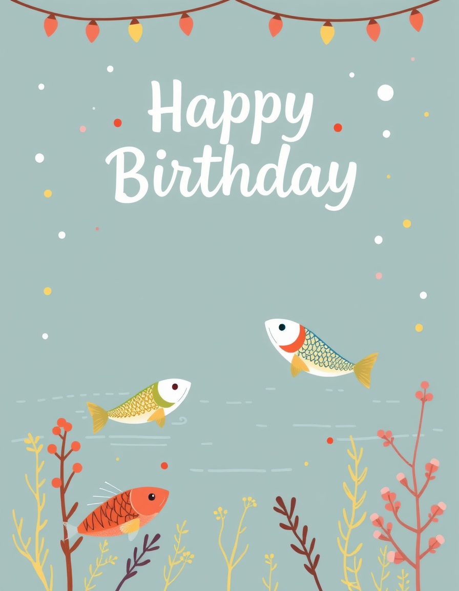 Birthday Card idea created from the prompt: birthday card design, cheerful festive artwork, space for greeting, FISHING , printable birthday card