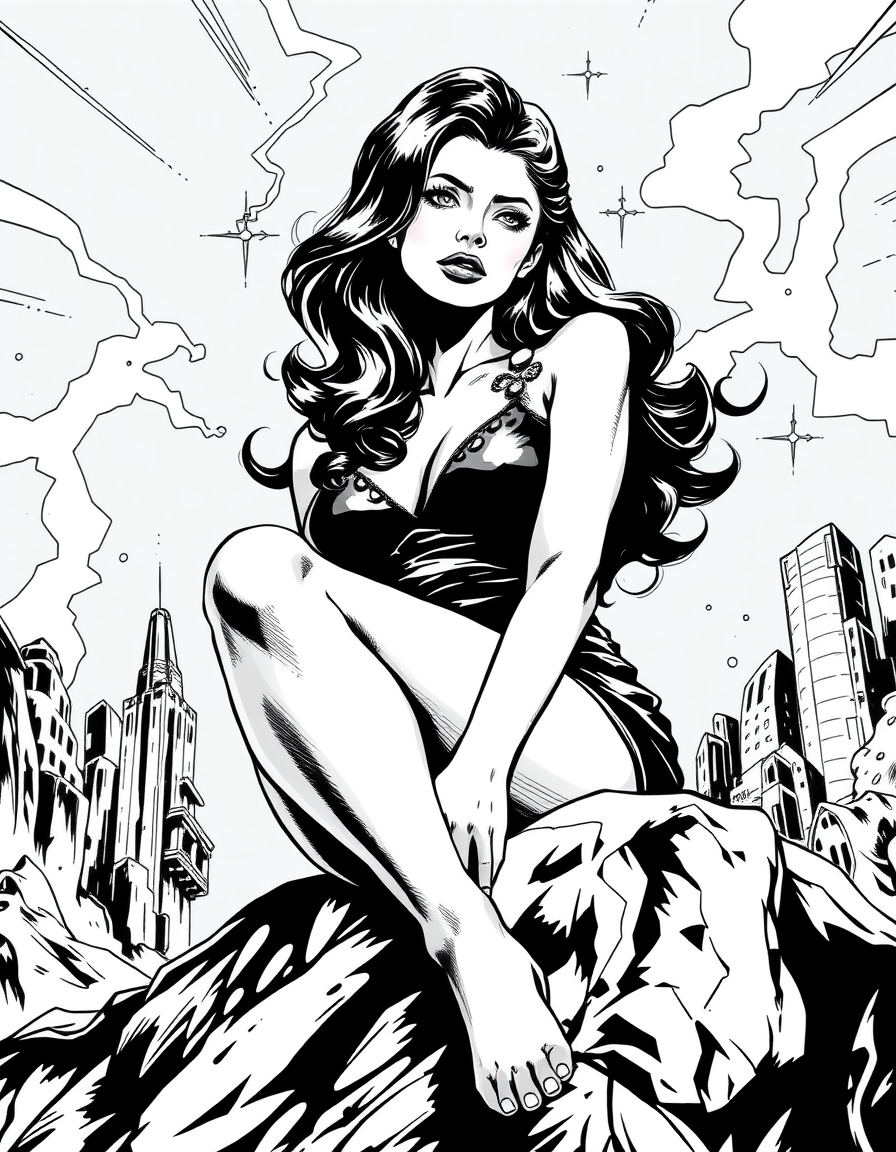 Comic Art idea: comic art, bold ink lines, halftone shading, dynamic composition, 20-летняя девушка в черно-фиолетовом симбиоте. она сидит на крыши общежития колледжа