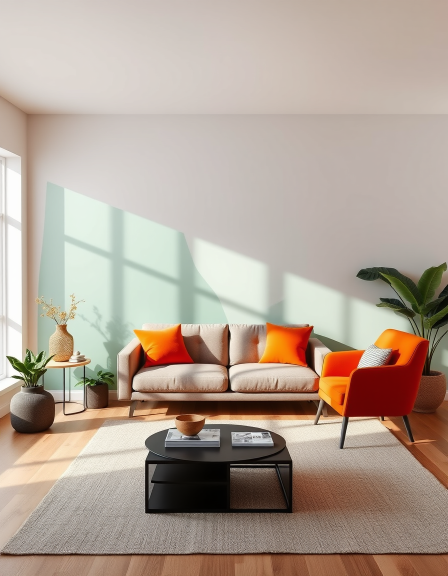 Room Paint idea: room paint visualization, preserve furniture layout and lighting, change wall color only, un tableau moderne, formes geometriques couleurs dominantes