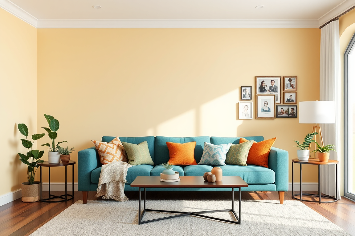 Virtual Staging idea: virtually staged empty room from the photo, tasteful furniture and decor added, photorealistic interior render, a living room with light yellow colore
