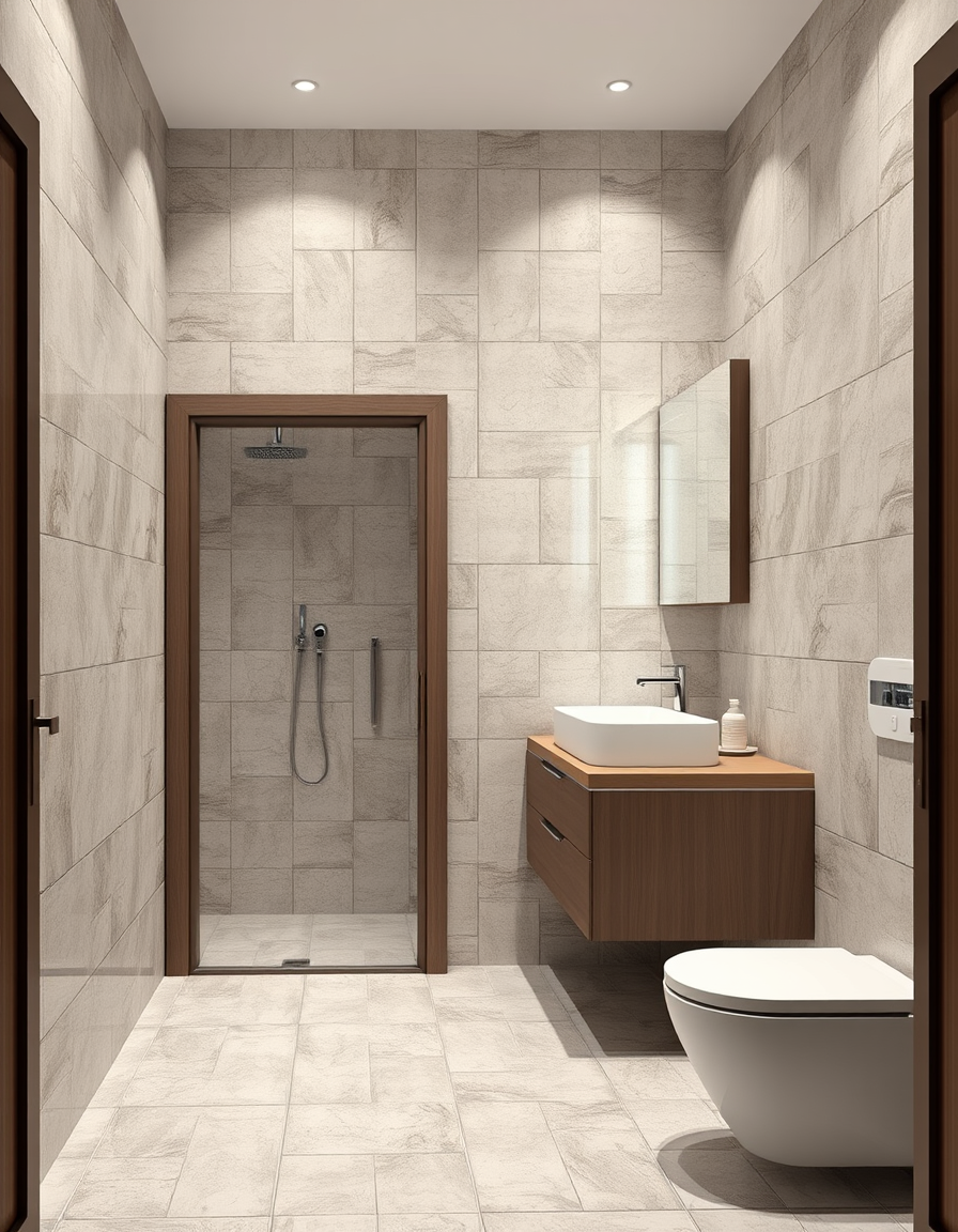 Bathroom Design idea: AI bathroom design, tiled surfaces vanity and fixtures, photorealistic interior render, diseñar un baño 2,15m x 1,65m, En la pared de 2,15m tenemos un
