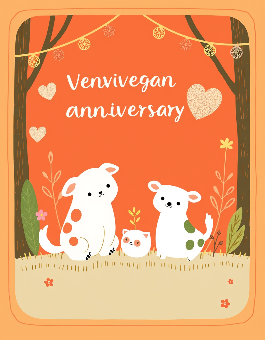 Greeting Card idea created from the prompt: greeting card design, warm illustration, space for message, i want to make a card to celebrate a "vegan anniversary" (ie. 10 years since bec