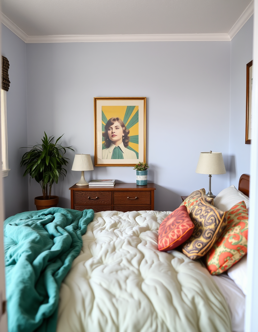 Main painting studio: paint and decorate a small bedroom for a male in their mid 50s who likes color textures from the 1970s and 1980s era.