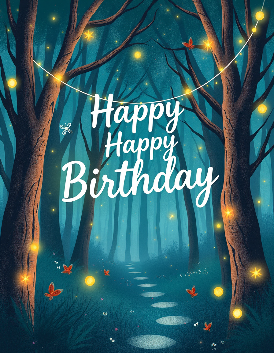 Birthday Cards idea: birthday card design, cheerful festive artwork, space for greeting, magical forest scene with fireflies and fairy lights, dreamy , printable birthday