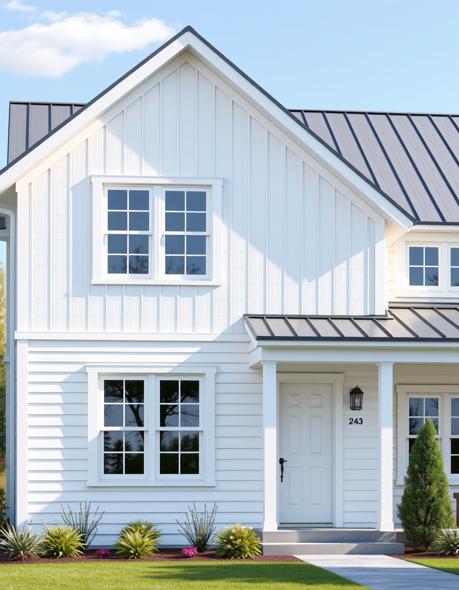 House Exterior Design idea: AI house exterior design, facade materials roofline and landscaping, photorealistic render, modern farmhouse exterior with white board-and-batten sidi