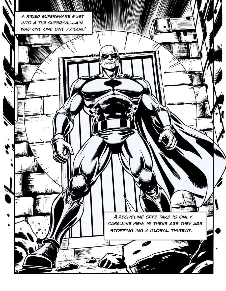 Comic Art idea: comic art, bold ink lines, halftone shading, dynamic composition, A retired superhero must break into a maximum-security prison to rescue the supervil